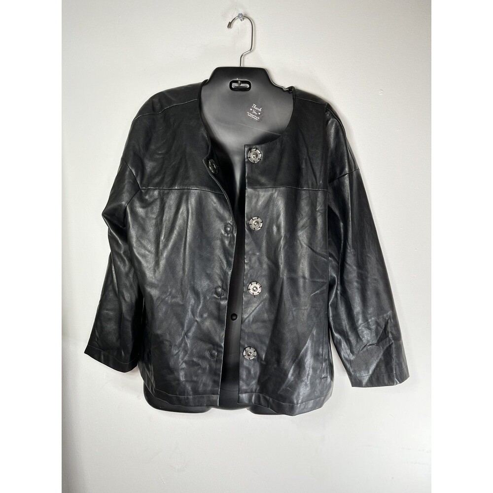 Chico's Jacket Womens 2 L Black Faux Leather Collarless Snap Front Lined Pockets